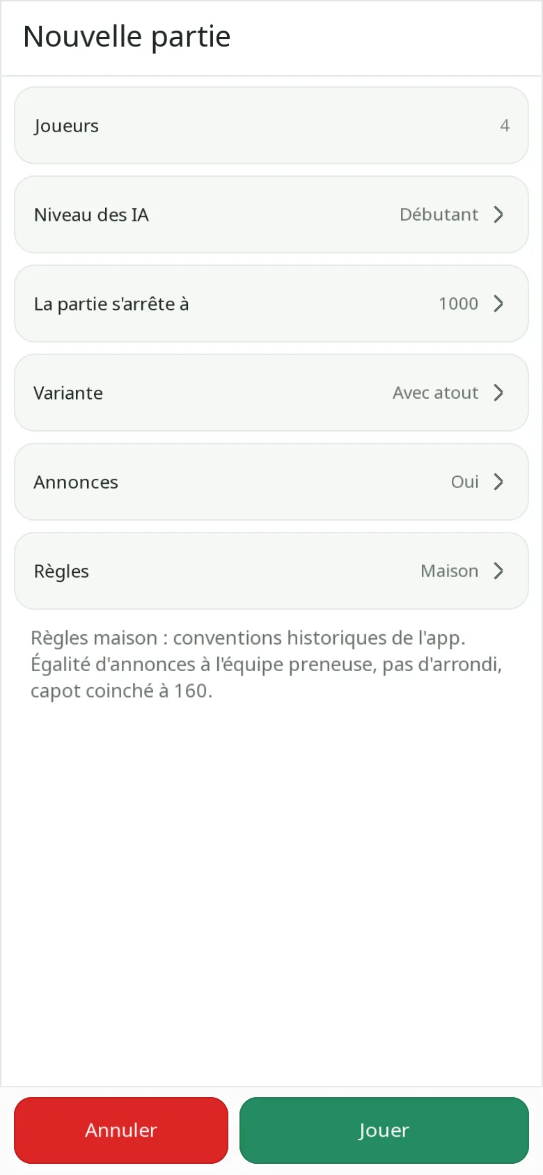 Fenêtre Nouvelle partie sur téléphone : joueurs, niveau des IA, fin de partie, variante, annonces et règles, chacun avec son choix courant, puis les boutons Annuler et Jouer.
